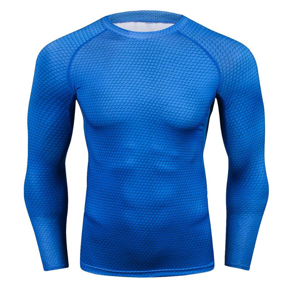 Men's compression long sleeve o-neck top for running with blue snake skin 3D print, providing comfort and muscle support.